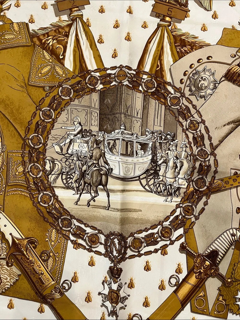 Hermes Brown and Gold Napoléon Silk Scarf